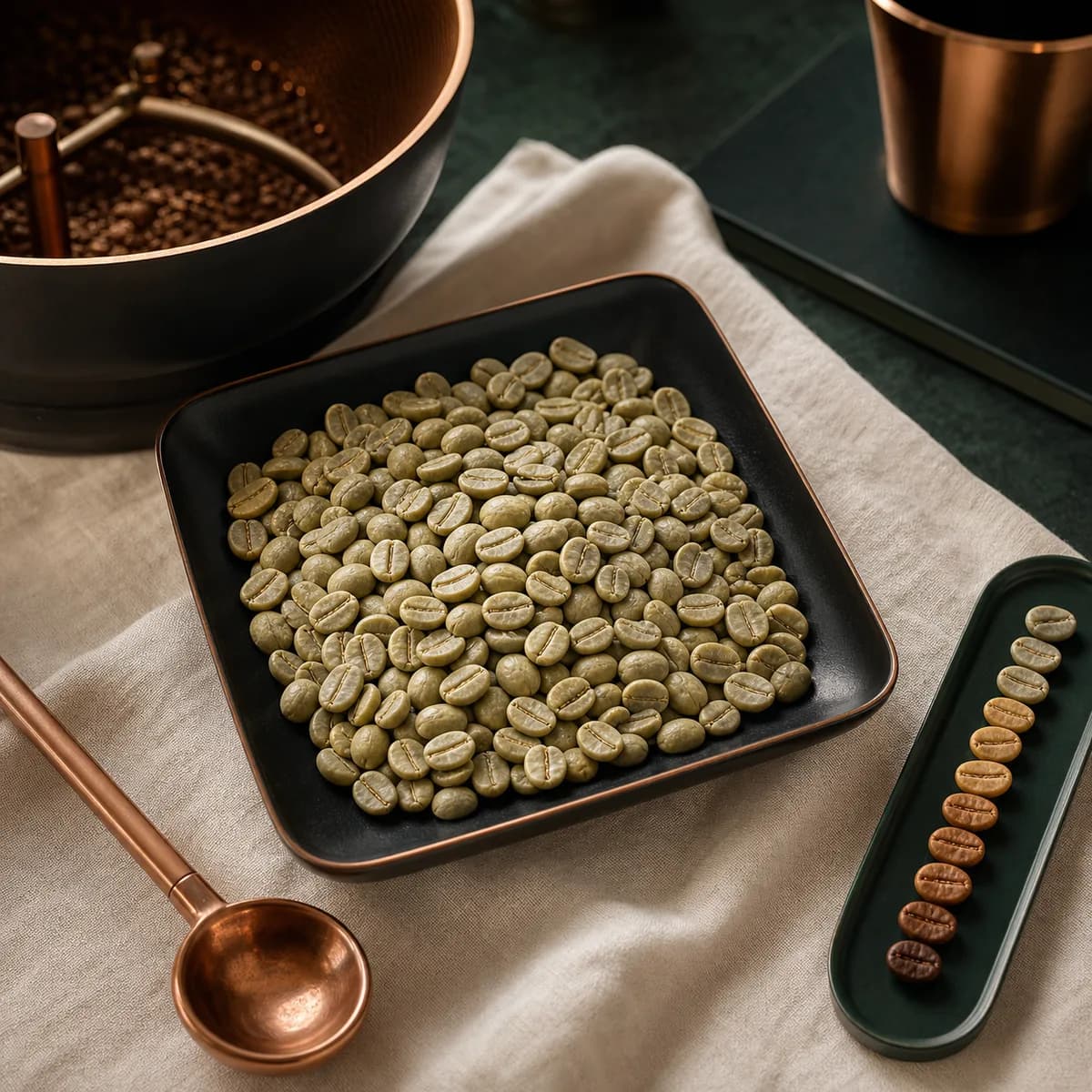 Raw Panama Pacamara green coffee beans with roast color samples