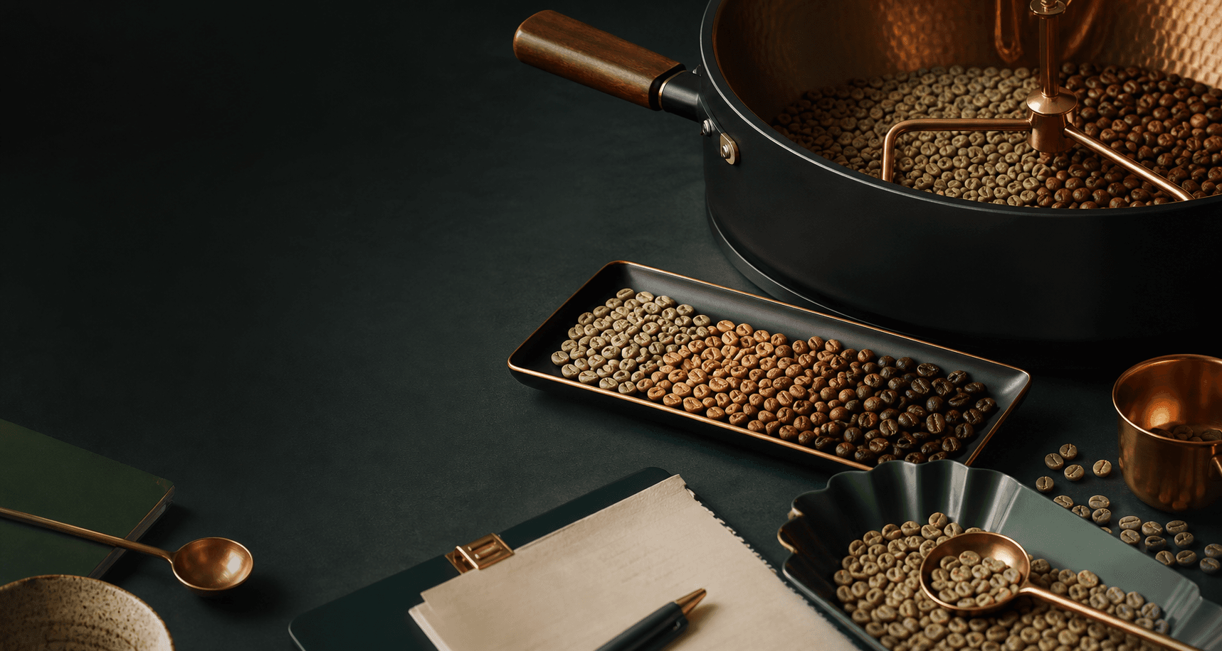 Green coffee beans and home roasting tools on a premium coffee lab table