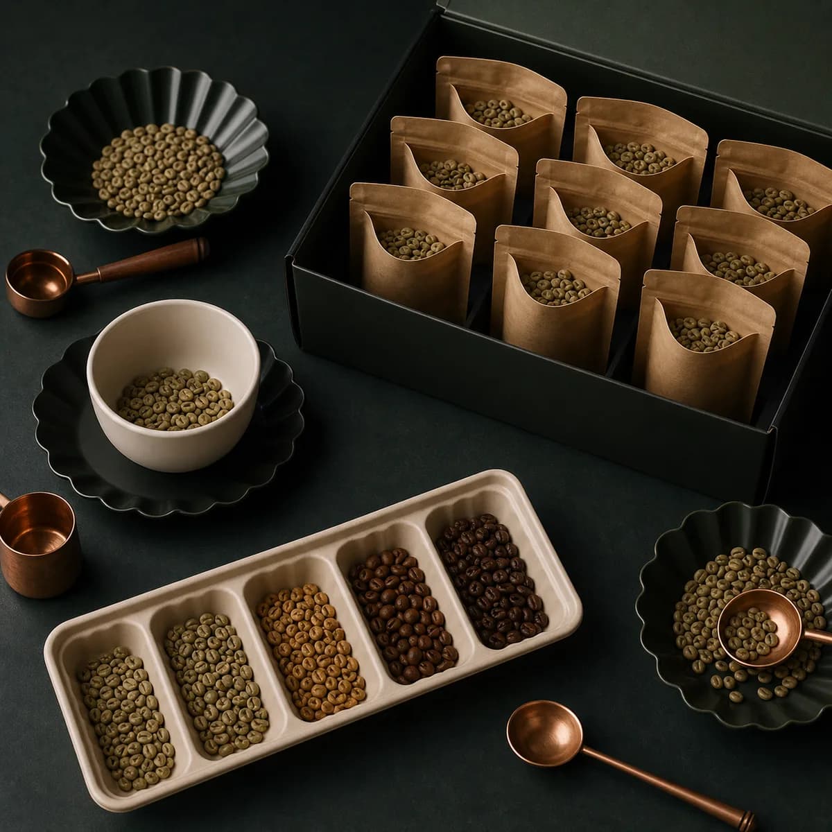 Wholesale green coffee sample set with raw beans and cupping tools