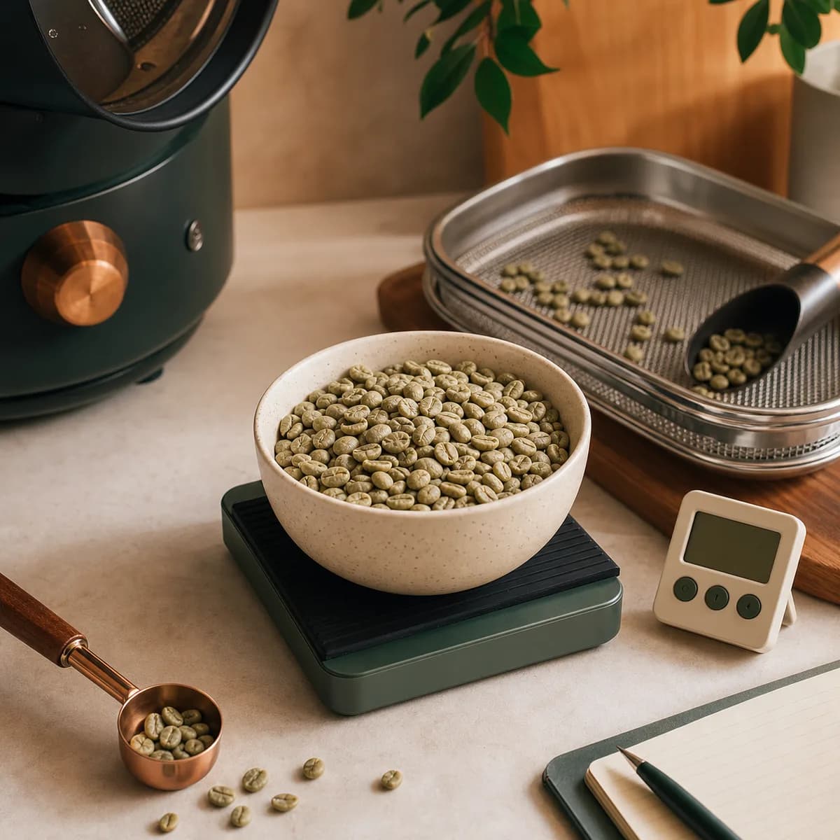 Beginner home roasting setup with raw Sarchimor Tupi green coffee beans